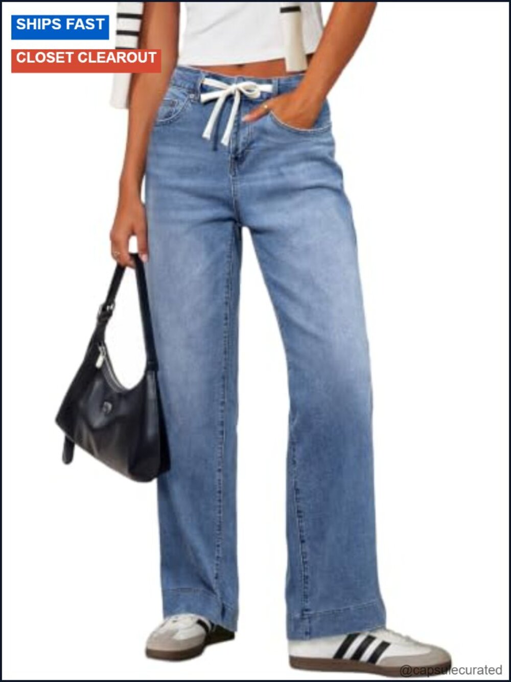 High Waisted Wide Leg Jeans, Drawstring Stretchy Denim Pants, Casual